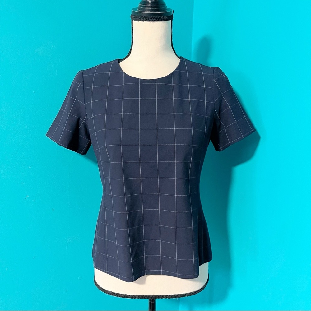 Ann Taylor 4P Navy Blue White Windowpane Plaid Short Sleeve Top